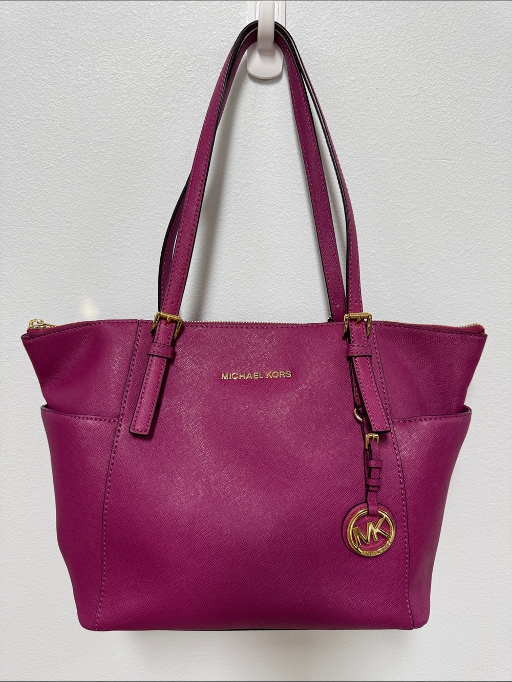 Michael Kors Magenta Saffiano Leather Tote with Gold Accents